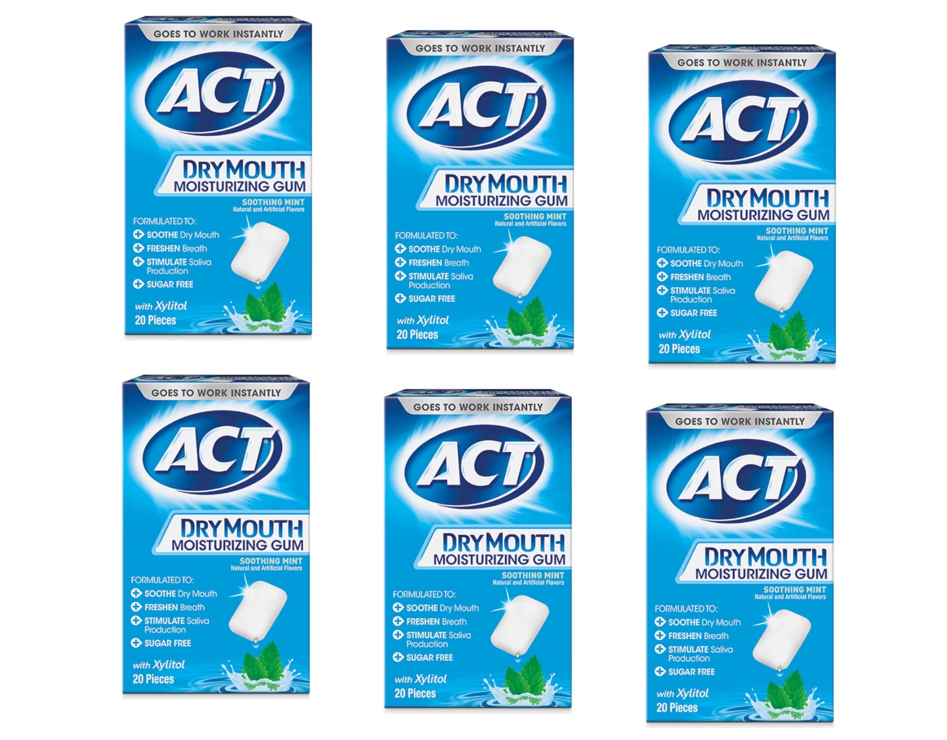 ACT Dry Mouth Moisturizing Gum, Sugar-Free Soothing Mint, 20 ea (Pack of 6)