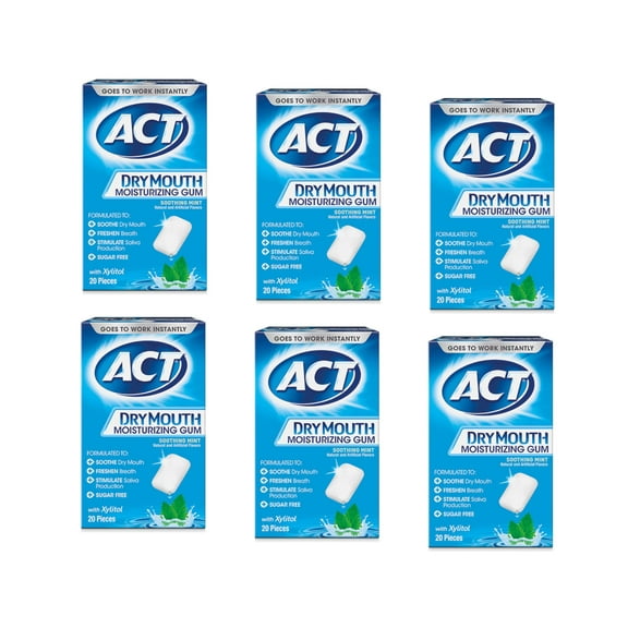 ACT Dry Mouth Moisturizing Gum, Sugar-Free Soothing Mint, 20 ea (Pack of 6)