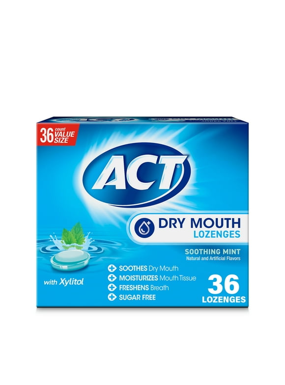 ACT Dry Mouth Throat Lozenges with Xylitol, Sugar Free Cough Drops, Soothing Mint, 36 Count