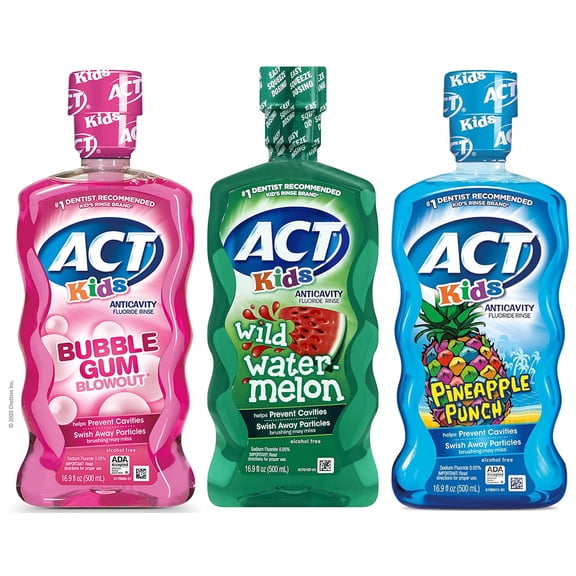 ACT KIDS ANTICAVITY FLUORIDE, PINEAPPLE PUNCH, WILD WATERMELON & BUBBLEGUM BLOWOUT Delicious & Fun 16.9 oz Each