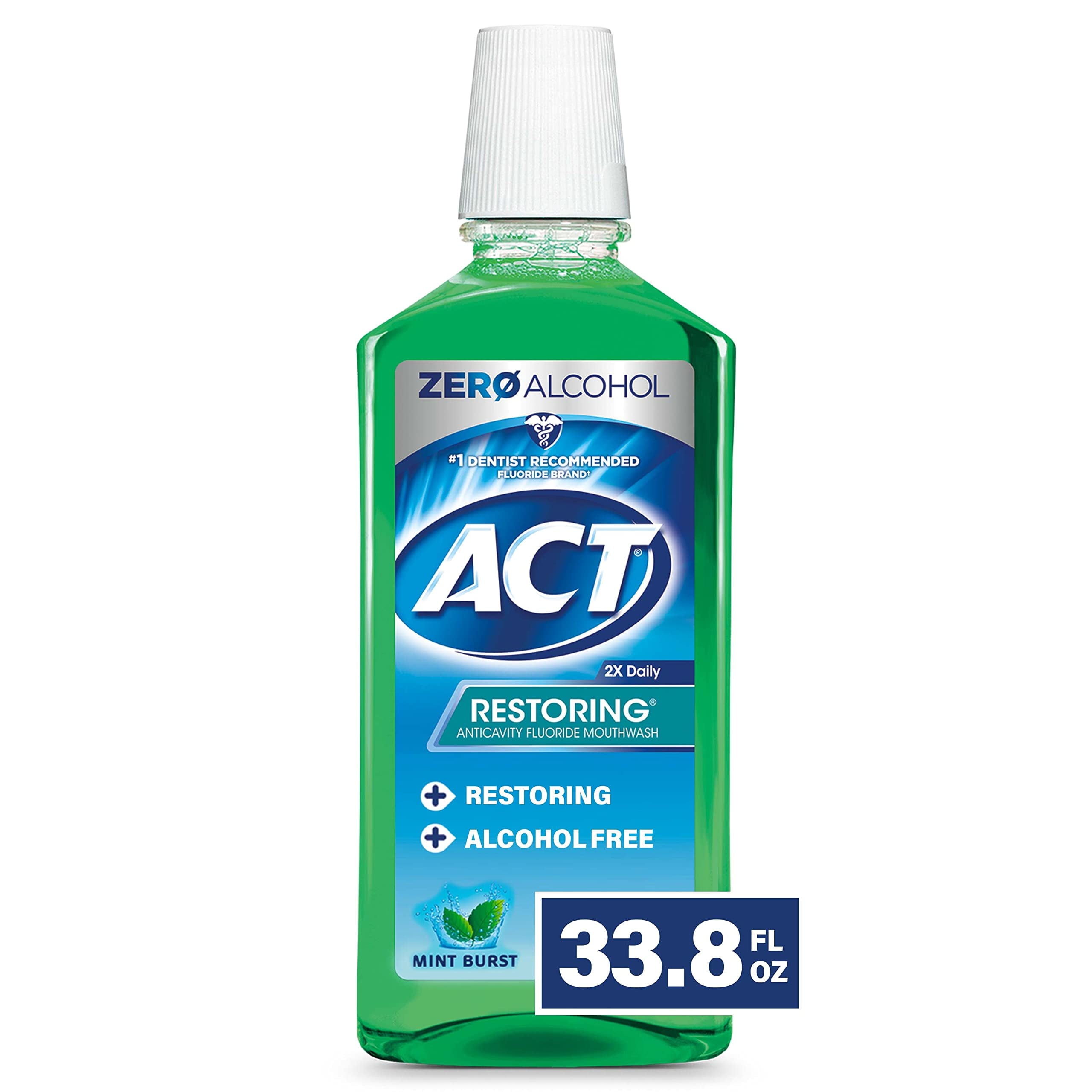 ACT Restoring Zero Alcohol Fluoride Mouthwash 33.8 fl. oz. Strengthens Tooth Enamel, Mint Burst