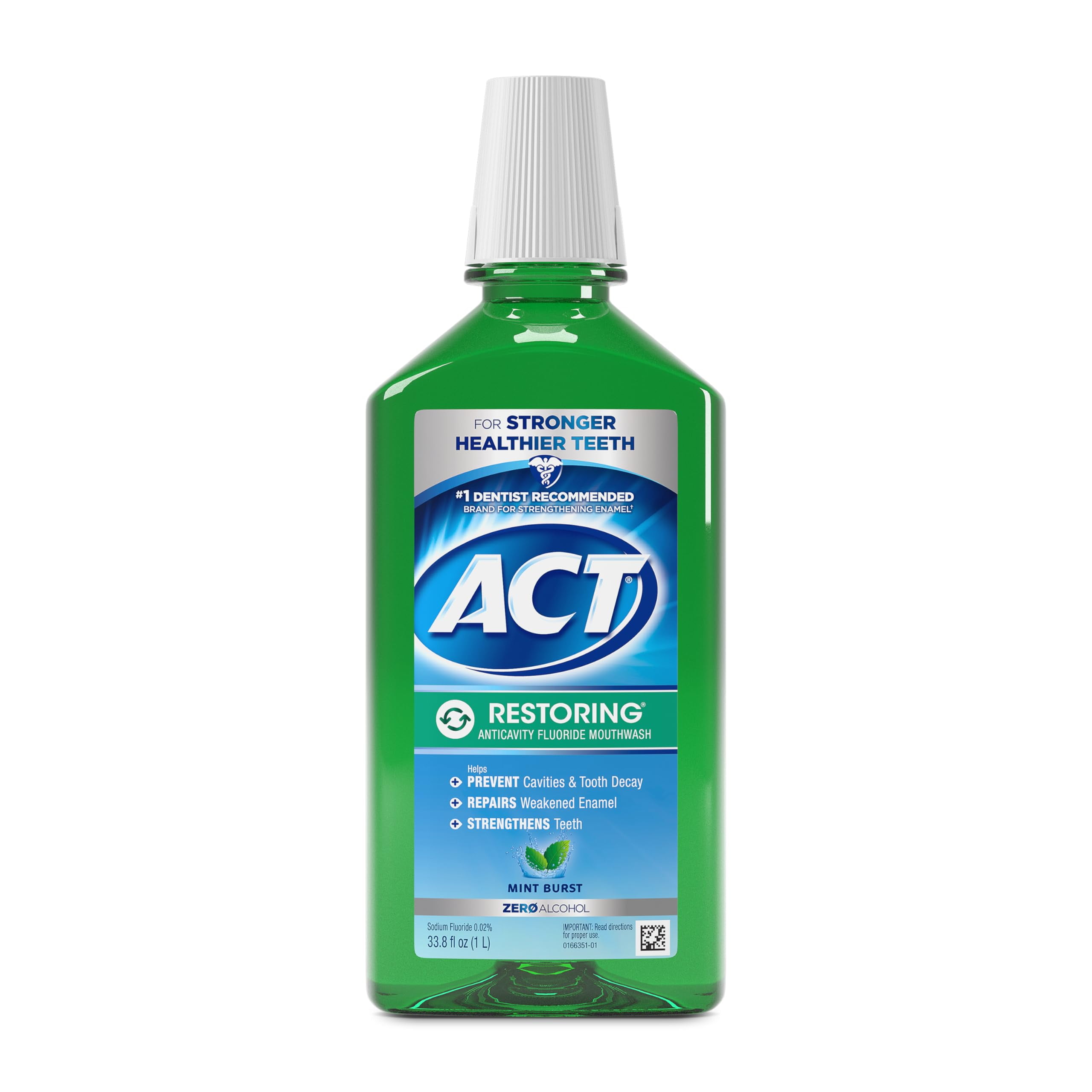 ACT Restoring Zero Alcohol YPF5Fluoride Mouthwash 33.8 fl. oz. Strengthens Tooth Enamel, Mint Burst