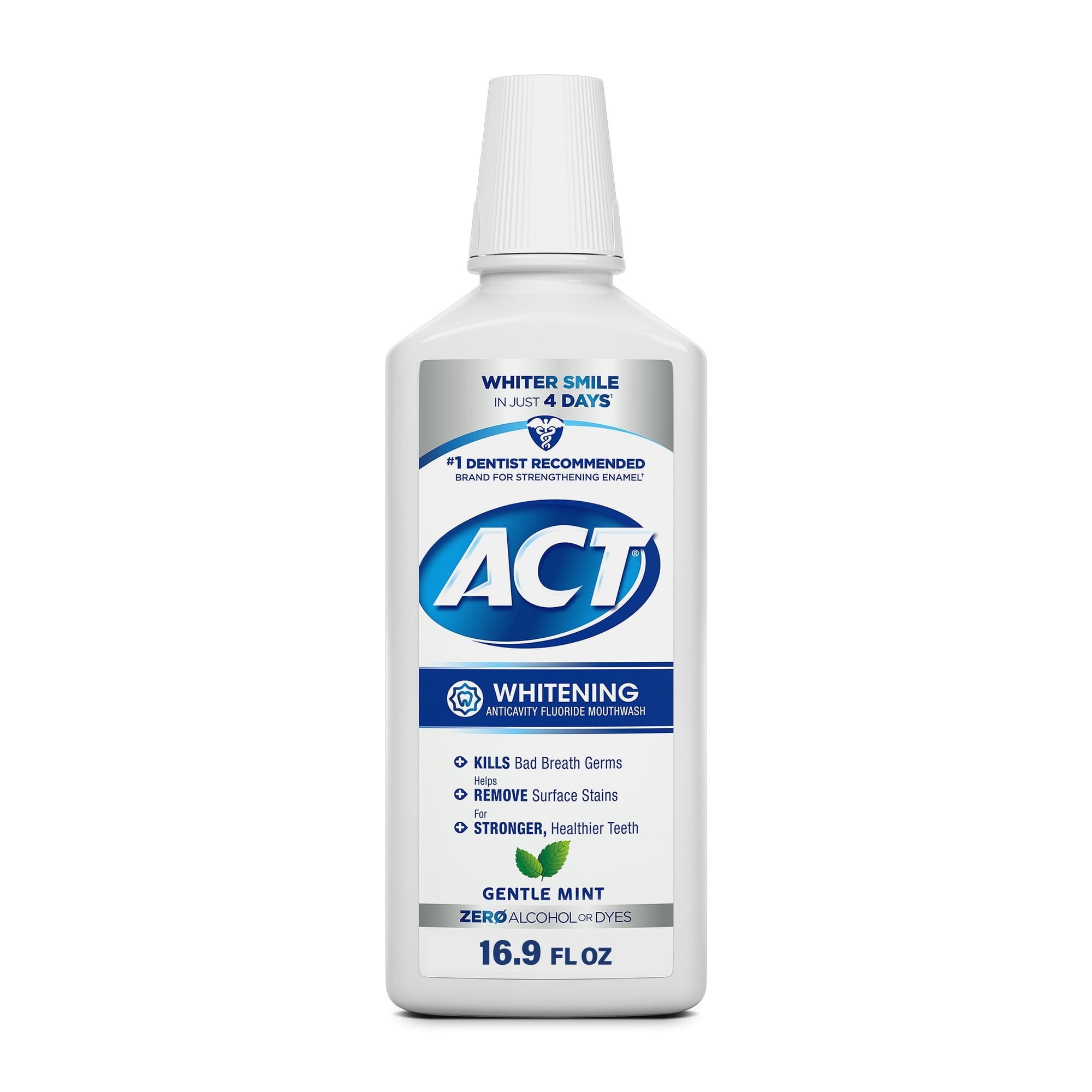 ACT Whitening Anticavity Fluoride Mouthwash, Gentle Mint, 16.9 fl. oz. (Pack of 4)