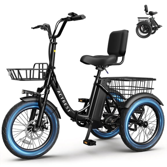 Electric Tricycle for Adults, 18"x3.0" Fat Tire 3-Wheel Electric Bike, 350W(Peak 1200W) Motor 48V 10.4Ah Battery, Folding E-Trike Up to 18Mph (Black)