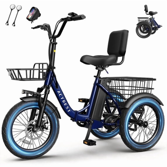 ACTBEST Electric Tricycle for Adults, 18"x3.0" Fat Tire 3-Wheel Electric Bike, 350W(Peak 1200W) Motor 48V 10.4Ah Battery, Folding E-Trike Up to 18Mph (Blue) with Mirror & Phone Bag