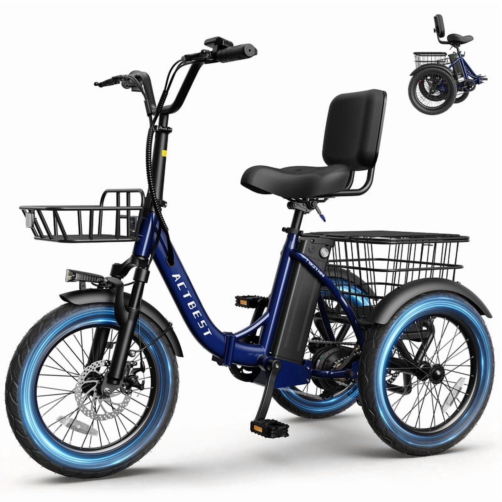 ACTBEST Electric Tricycle for Adults, 18"x3.0" Fat Tire 3-Wheel Electric Bike, 350W(Peak 1200W) Motor 48V 10.4Ah Battery, Folding E-Trike Up to 18Mph (Blue)