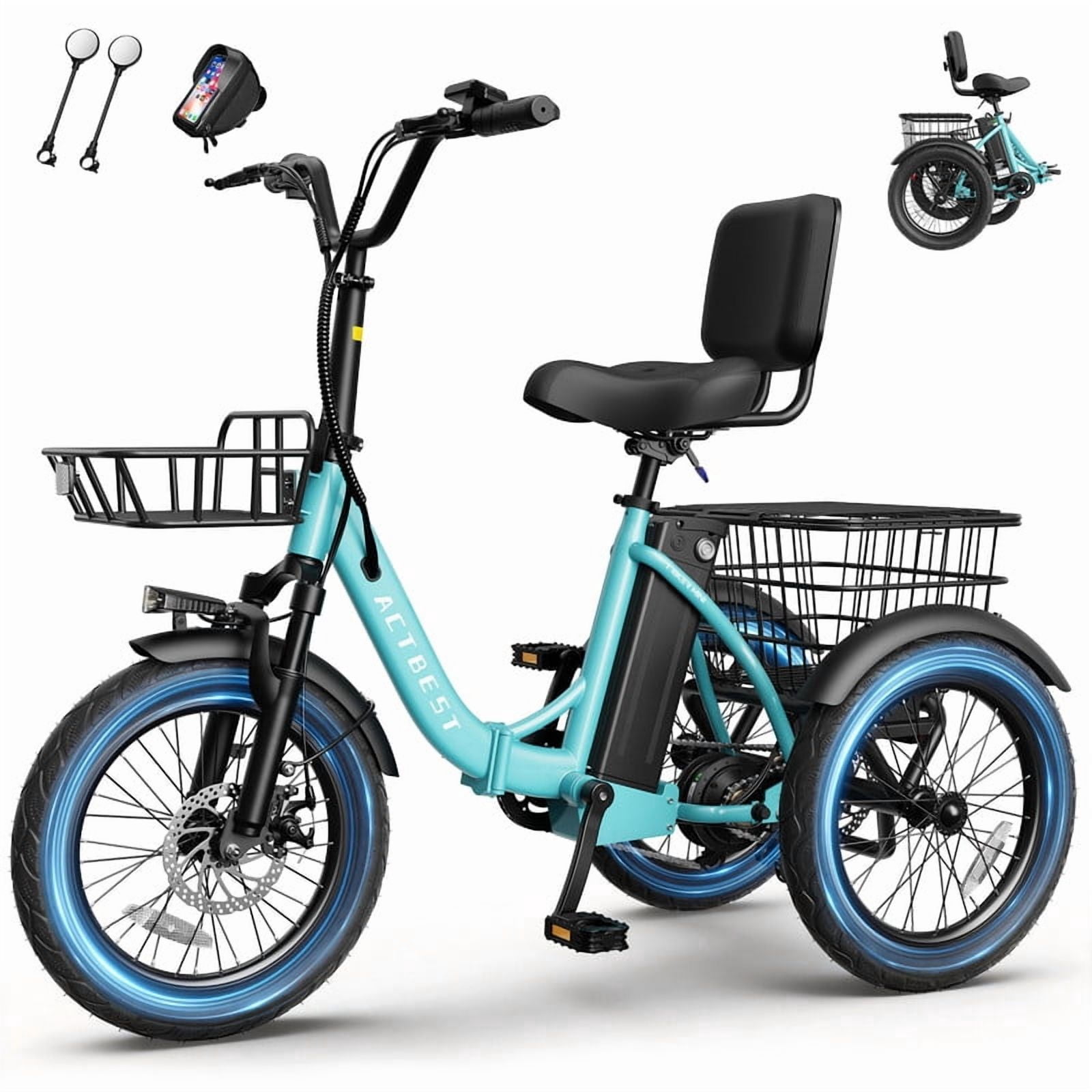 ACTBEST Electric Tricycle for Adults, 18"x3.0" Fat Tire 3-Wheel Electric Bike, 350W(Peak 1200W) Motor 48V 10.4Ah Battery, Folding E-Trike Up to 18Mph (Cyan) with Mirror & Phone Bag