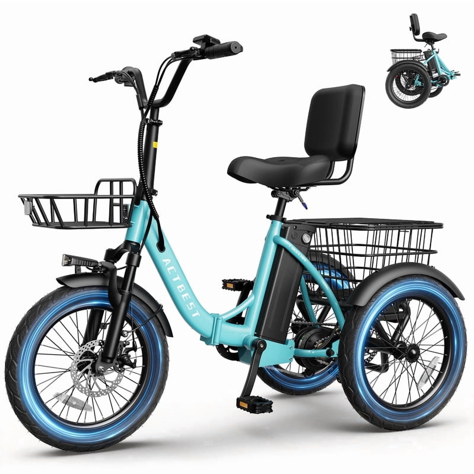 ACTBEST Electric Tricycle for Adults, 18"x3.0" Fat Tire 3-Wheel Electric Bike, 500W Motor 48V 10.4Ah Battery, Folding E-Trike Up to 18Mph (Cyan)