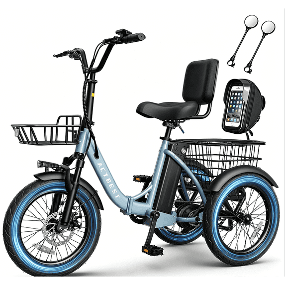 Electric Tricycle for Adults, 18"x3.0" Fat Tire 3-Wheel Electric Bike, 500W Motor 48V 10.4Ah Battery, Folding E-Trike Up to 18Mph (Light Blue) with Mirror & Phone Bag