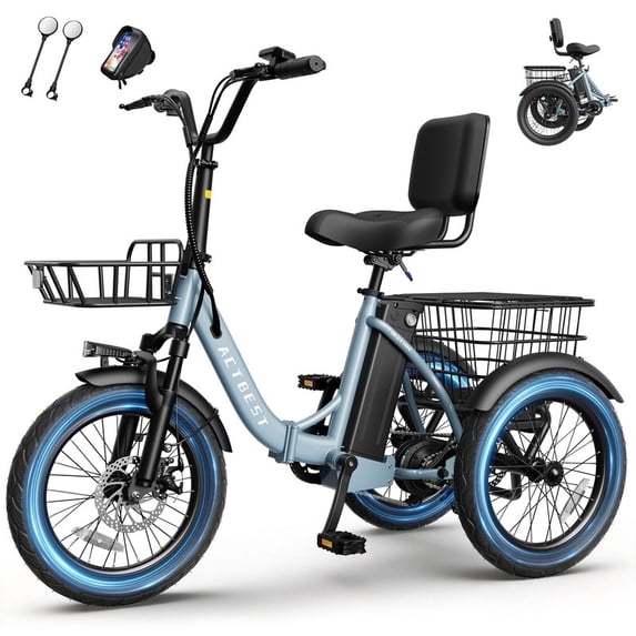 ACTBEST Electric Tricycle for Adults, 18"x3.0" Fat Tire 3-Wheel Electric Bike, 350W(Peak 1200W) Motor 48V 10.4Ah Battery, Folding E-Trike Up to 18Mph (Light Blue) with Mirror & Phone Bag