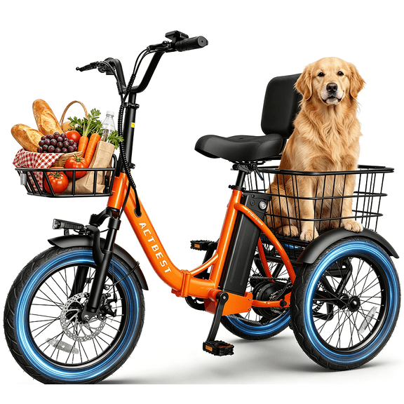 ACTBEST Electric Tricycle for Adults, 18"x3.0" Fat Tire 3-Wheel Electric Bike, 350W(Peak 1200W) Motor 48V 10.4Ah Battery, Folding E-Trike Up to 18Mph (Orange)