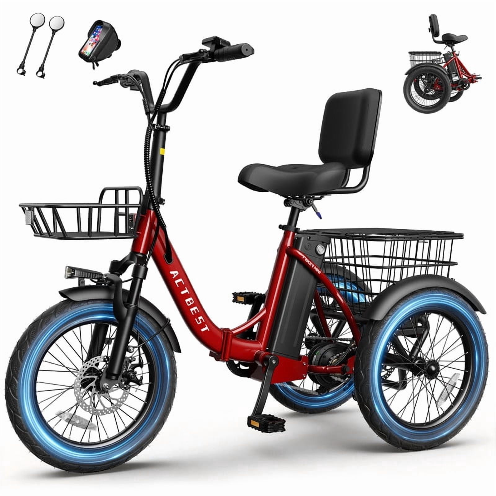 ACTBEST Electric Tricycle for Adults, 18"x3.0" Fat Tire 3-Wheel Electric Bike, 350W(Peak 1200W) Motor 48V 10.4Ah Battery, Folding E-Trike Up to 18Mph (Red) with Mirror & Phone Bag