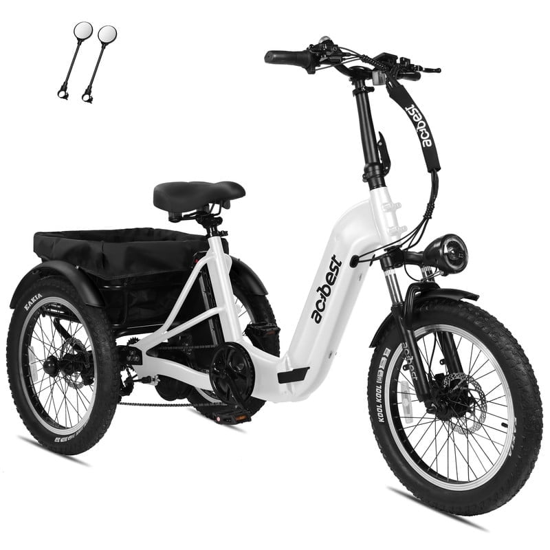 ACTBEST Electric Tricycle for Adults, 750W Motor 48V 15.6Ah Battery, 20" x 3.0" Fat Tire 3-Wheel Electric Bicycle, 7-Speed Step-Thru Electric Trike with Dual Suspension (White) with Mirror