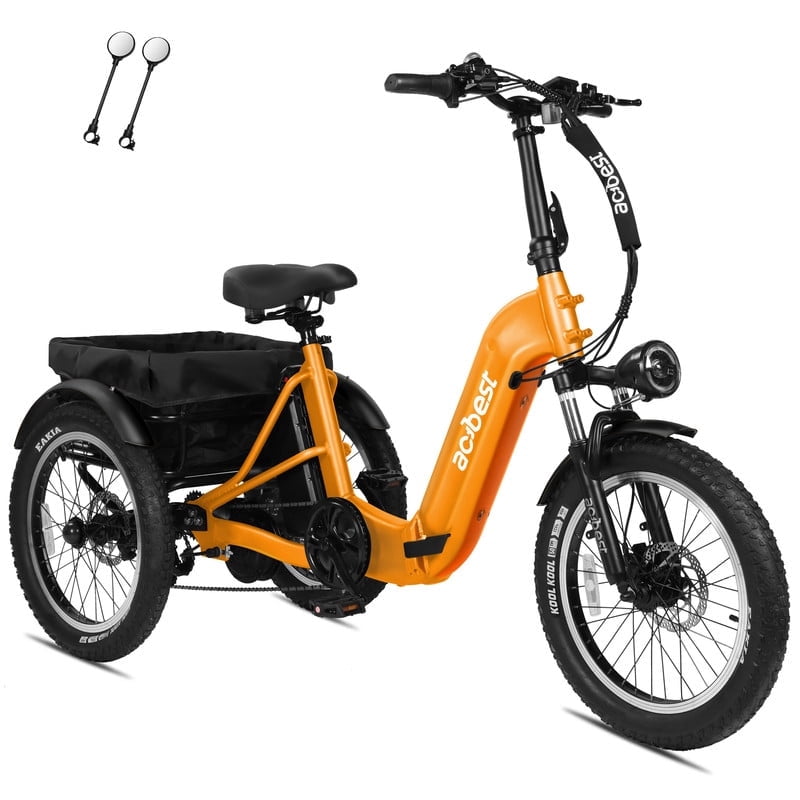 ACTBEST Electric Tricycle for Adults, 750W Motor 48V 15.6Ah Battery, 20" x 3.0" Fat Tire 3-Wheel Electric Bicycle, 7-Speed Step-Thru Electric Trike with Dual Suspension (Orange) with Mirror