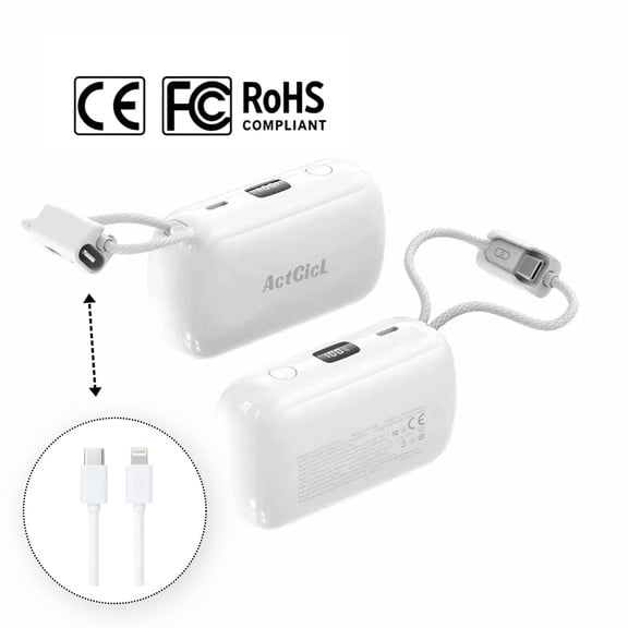 ACTCICL Stylish Glossy Portable Power Bank (10,000mAh) – 22.5W Fast Charging (charges to 50% in 30 minutes), Type-C /L; compatible with iPhone, Samsung, and Android devices.