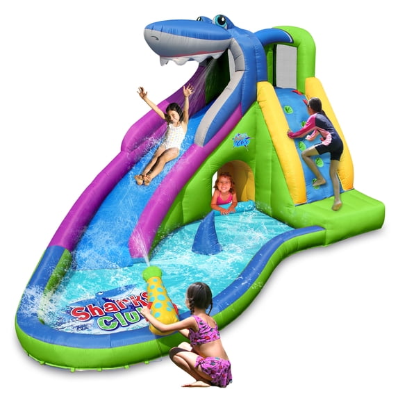 ACTION AIR Inflatable Water Slide, 15' Shark Bounce House with Water Gun and Splash Pool