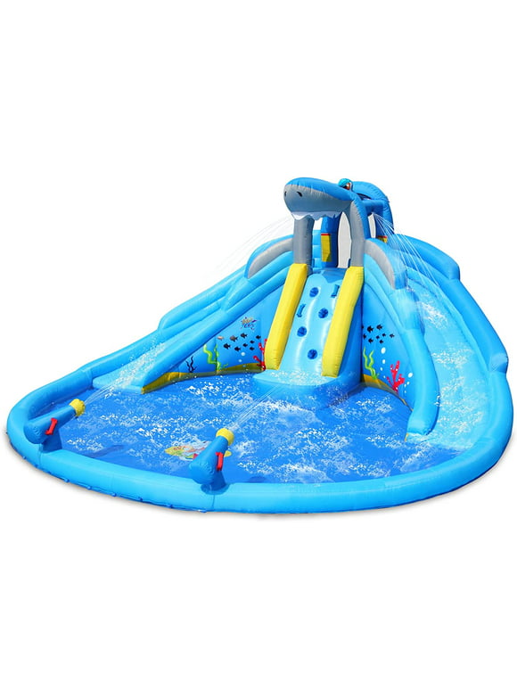 ACTION AIR Inflatable Water Slide, Double Waterslides Shark Theme Water Park for Wet and Dry