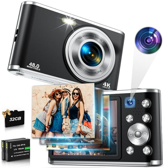 ACTITOP 4K Digital Camera 48MP Autofocus Vlog Video Dual Cameras for YouTube with 32GB Card,Black,New