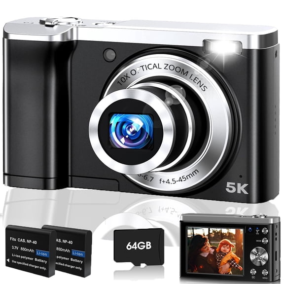 ACTITOP 5K Digital Camera 10X Optical Zoom 56MP Vlogging Camera for Photography and Video with 64GB Card Front and Rear Dual Cameras, Touch Screen Travel Camera with 6-Axis Anti-Shake