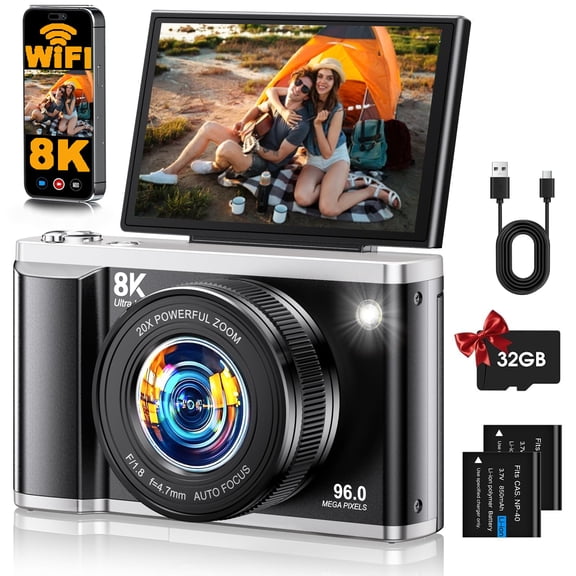 ACTITOP Digital Camera for Photography 8K 96MP WiFi Vlogging Camera with 32GB Card 3.5'180Flip Screen 20X Zoom for YouTube Travel Content
