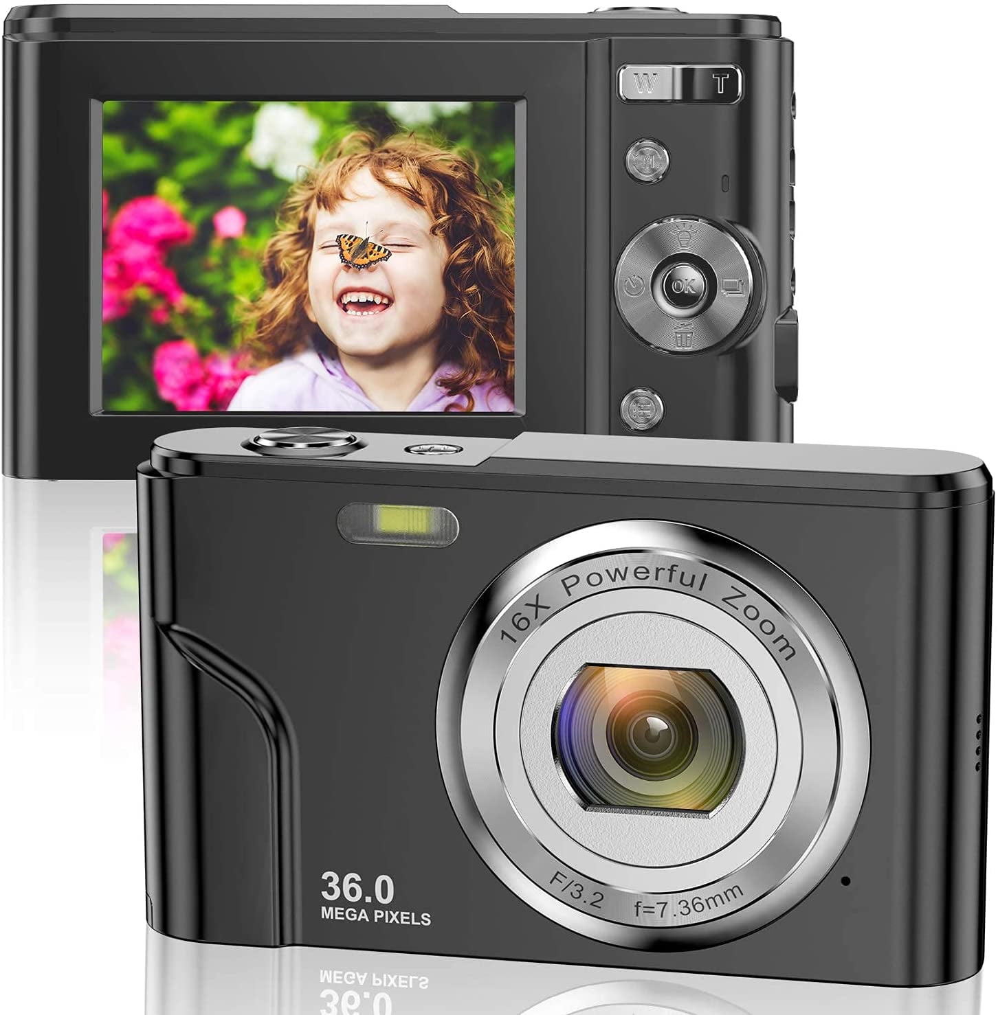 Lecran Digital Camera, FHD 1080P Kids Camera with 32GB Card, 2 Batteries,  Lanyard, 16X Zoom Anti Shake, 44MP Compact Portable Small Point Shoot  Camera