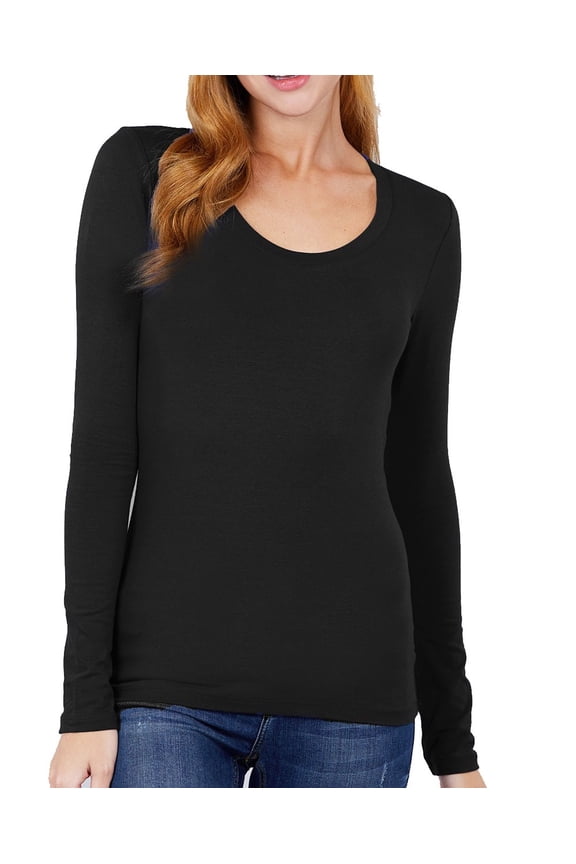 (ACTIVE BASIC) Long Sleeve T Shirt Sexy Scoop Neck Stretch Cotton Tee (Black/2X)