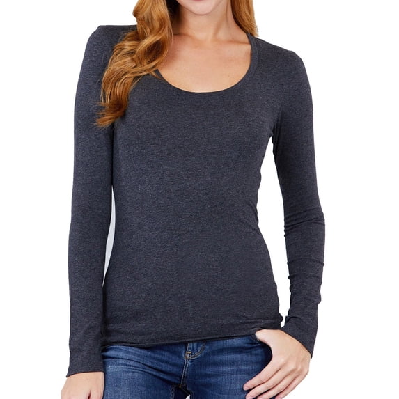 (ACTIVE BASIC) Long Sleeve T Shirt Sexy Scoop Neck Stretch Cotton Tee (Charcoal/S)
