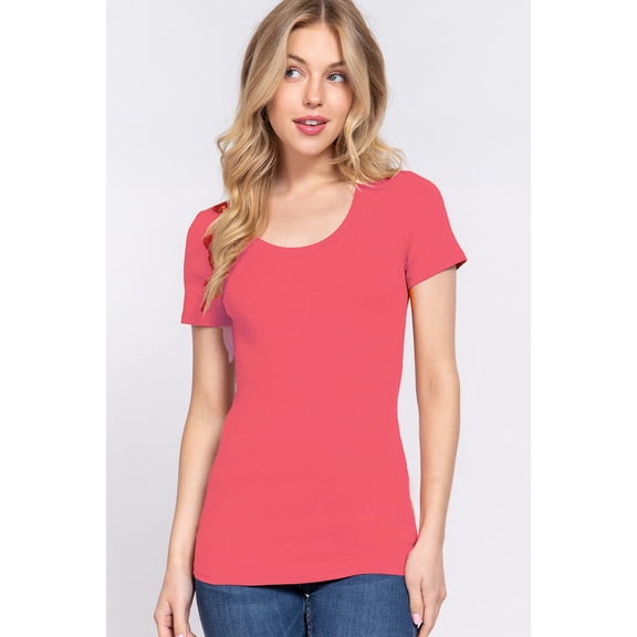 ACTIVE BASIC) Sexy Scoop Neck Short Sleeve T Shirt Stretch Cotton Tee (S-2X)