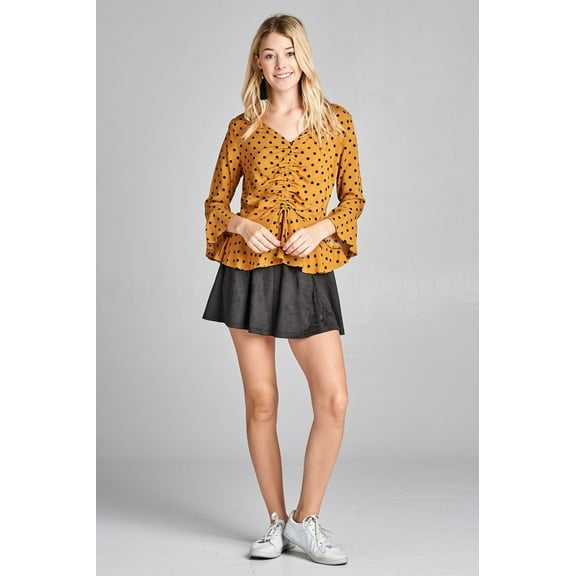 ACTIVE BASIC V-NECK TOP WITH SHIRRING DETAIL PEPLUM 3/4 SLEEVES AND BOTTOM WOVEN FABRIC (Small)