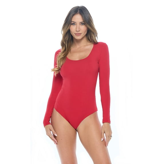 ACTIVE UNIFORMS Bodysuit For Women Long Sleeve Scoop Neck Body Suit-Breathable Cotton Stretch (Red, Small)