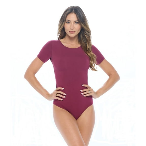 ACTIVE UNIFORMS Bodysuit For Women's Short Sleeve Round Neck Body Suit Breathable Cotton Stretch (Burgundy, Medium)