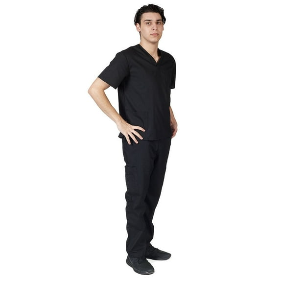 ACTIVE UNIFORMS Men Scrub Set Medical Scrub Top and Pants (Black, XX-Small)