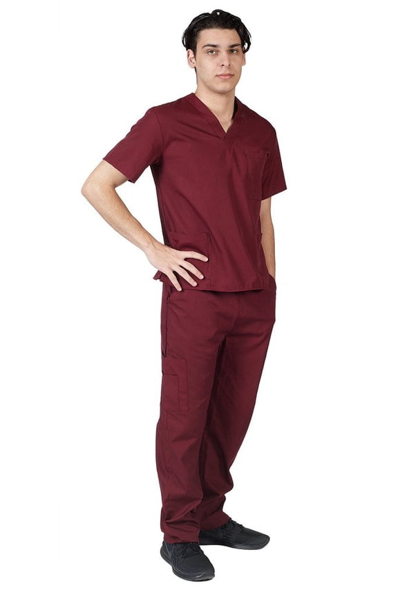 Men Scrub Set Medical Scrub Top and Pants (Burgundy, Small)