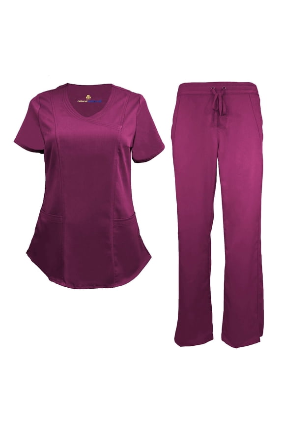 Stretch Women's Ultra Soft Modern Fit Mock Wrap Scrub Set (Burgundy, XX-Large)