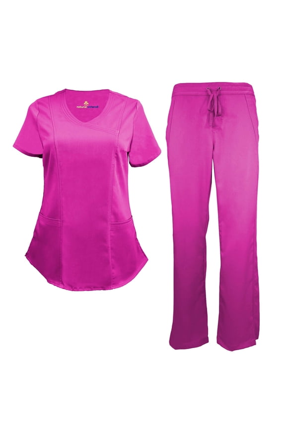 Stretch Women's Ultra Soft Modern Fit Mock Wrap Scrub Set (Hot Pink, XX-Large)