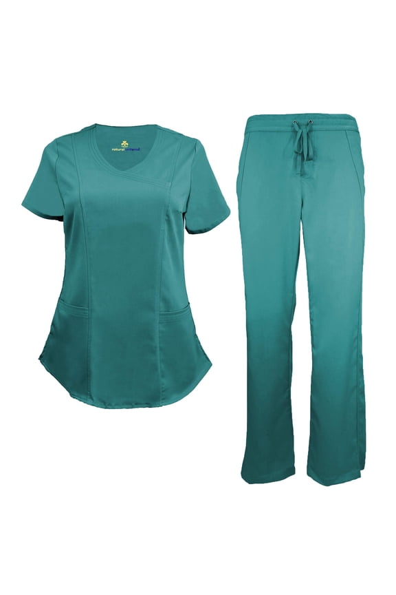 Stretch Women's Ultra Soft Modern Fit Mock Wrap Scrub Set (Teal, Large)