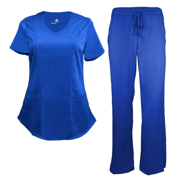 ACTIVE UNIFORMS Stretch Women's Ultra Soft Modern Fit Mock Wrap Scrub Set (True Royal Blue, Large)