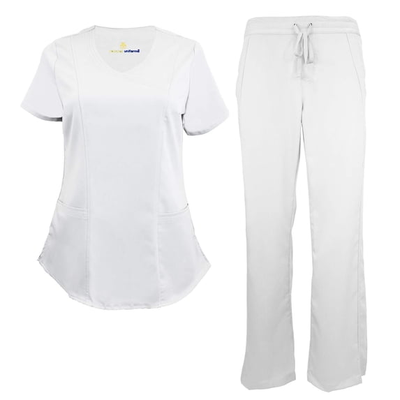 ACTIVE UNIFORMS Stretch Women's Ultra Soft Modern Fit Mock Wrap Scrub Set (White, Small)