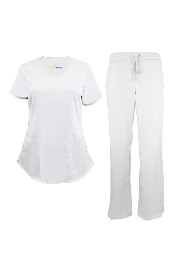Stretch Women's Ultra Soft Modern Fit Mock Wrap Scrub Set (White, X-Small)