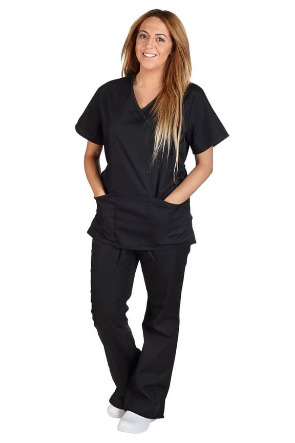 Women Mock Wrap/Flare Pant Set Medical Scrub Set (Black, 3X-Large)