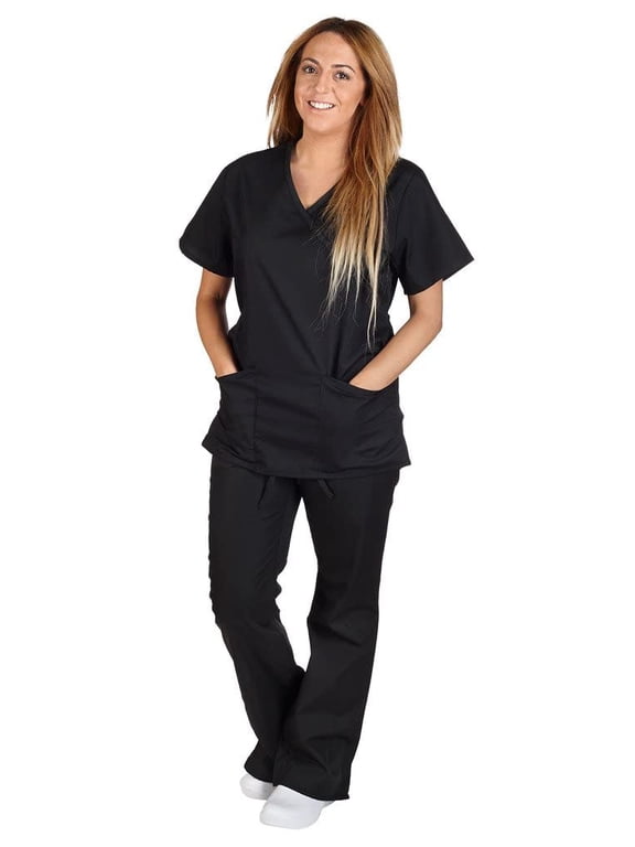 Women Mock Wrap/Flare Pant Set Medical Scrub Set (Black, Medium)