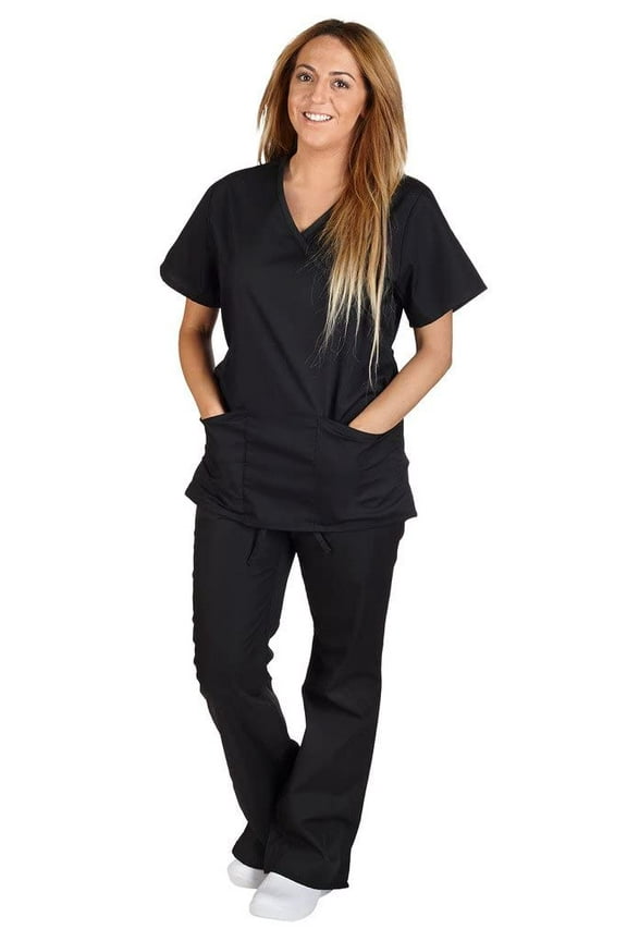 Women Mock Wrap/Flare Pant Set Medical Scrub Set (Black, Small)