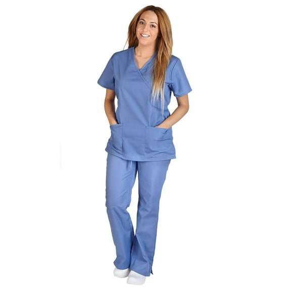 ACTIVE UNIFORMS Women Mock Wrap/Flare Pant Set Medical Scrub Set (Ceil Blue, Medium)