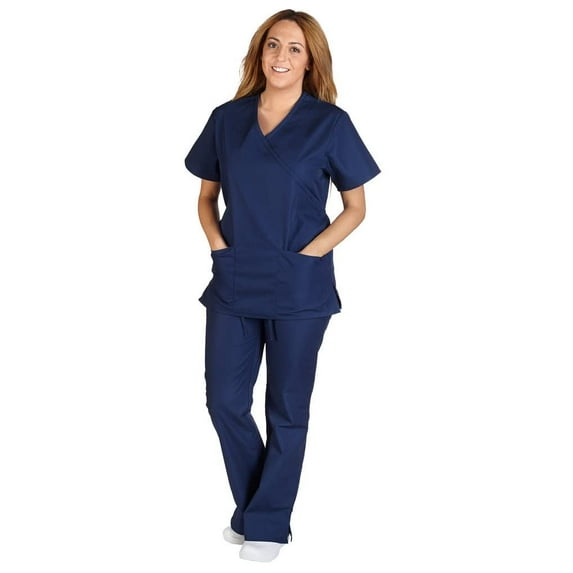 ACTIVE UNIFORMS Women Mock Wrap/Flare Pant Set Medical Scrub Set (True Navy Blue, Small)