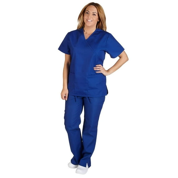 ACTIVE UNIFORMS Women Mock Wrap/Flare Pant Set Medical Scrub Set (True Royal Blue, Medium)