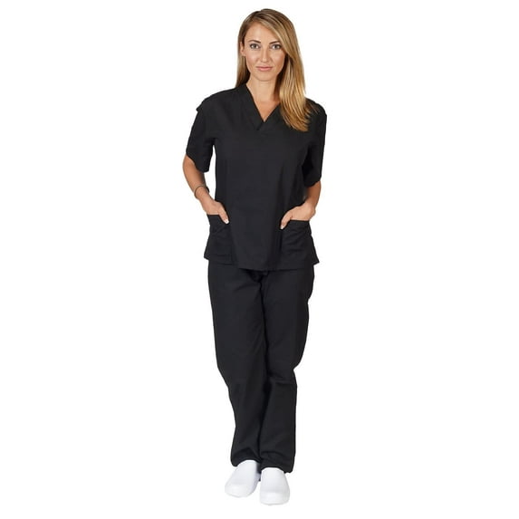 ACTIVE UNIFORMS Women Scrub Set Medical Scrub Top and Pants (Black, Medium)