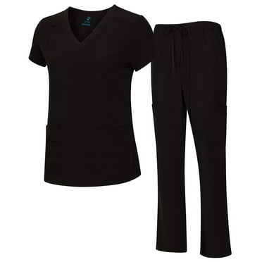 ACTIVE UNIFORMS Women's Breathable Cool Stretch Fabric Scrub Top and cargo Pant Set (Black, X-Small)
