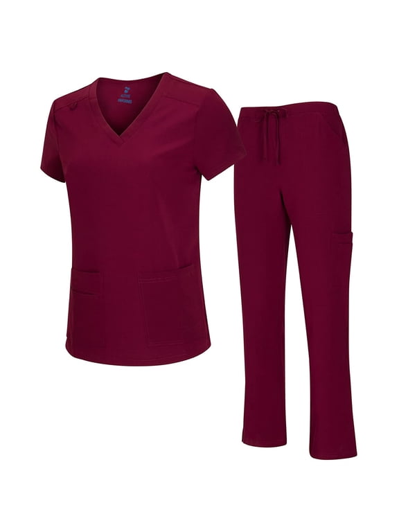 Women's Breathable Cool Stretch Fabric Scrub Top and cargo Pant Set (Burgundy, Medium)