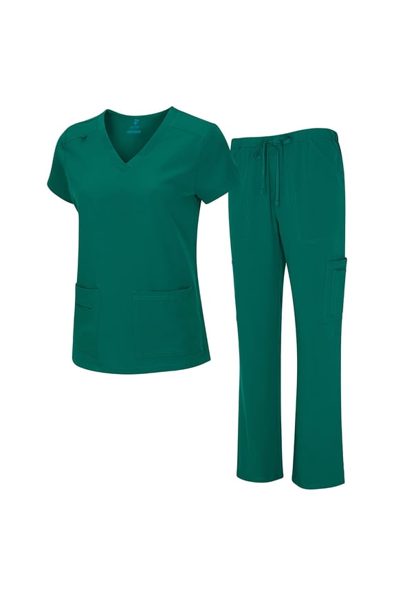 Women's Breathable Cool Stretch Fabric Scrub Top and cargo Pant Set (True Hunter Green, Large)