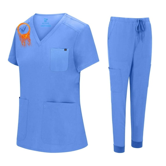 ACTIVE UNIFORMS Women's Essential Jogger Scrub Set Nursing Uniform 10 Pockets Stretch Scrub Top and Pant (Ceil Blue, Small)